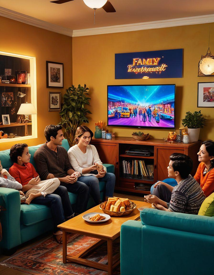 A cozy living room scene with a family gathered around a large TV, all engrossed in a colorful Star Plus show. The setting is lively with snacks on the table, a warm ambiance from soft lighting, and vibrant posters of popular Star Plus shows on the walls. The characters on the screen should reflect a fusion of drama and comedy, symbolizing family entertainment. Implement a modern aesthetic with a touch of nostalgia. super-realistic. vibrant colors.