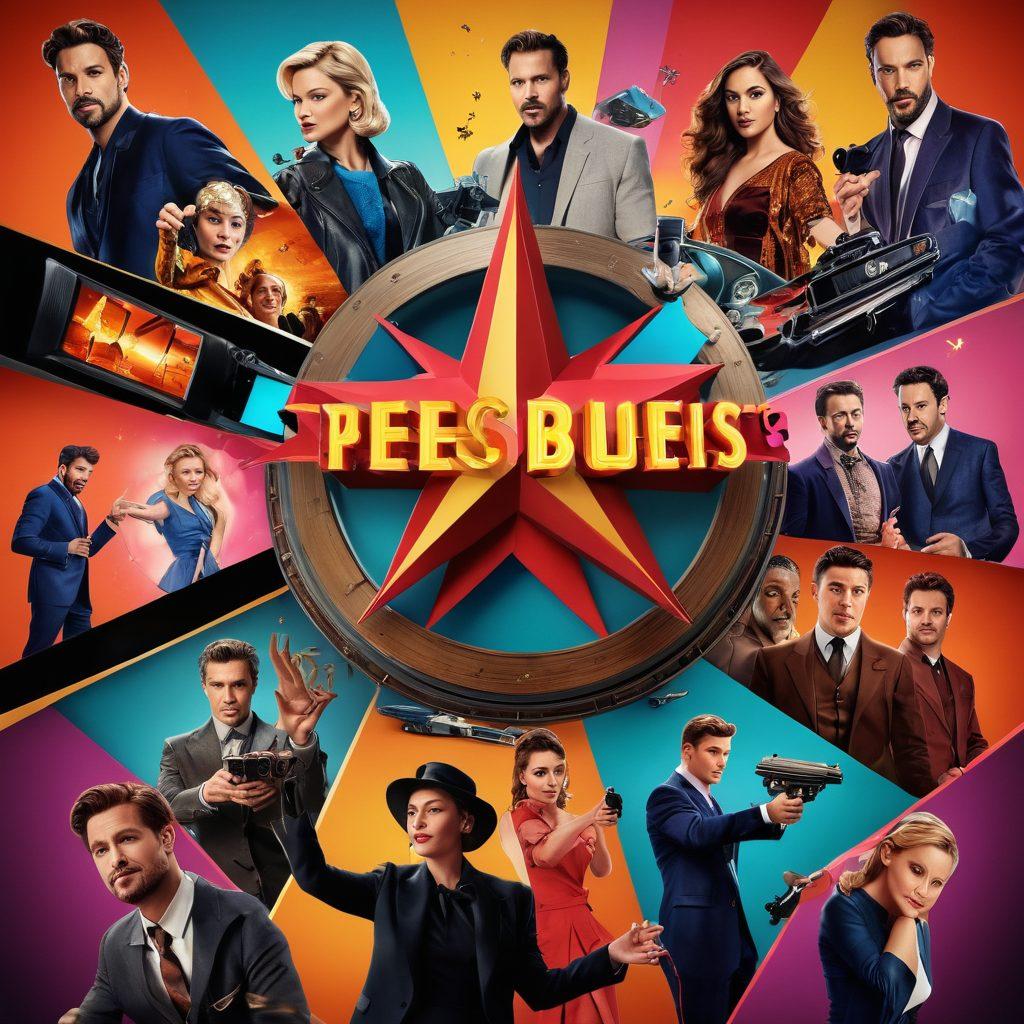 A collage showcasing iconic movie scenes transitioning into original series moments, featuring a vibrant pop of colors. Include a sleek digital device displaying the Star Plus logo, surrounded by famous celebrities in dynamic poses from both blockbusters and series. The background should have a modern, cinematic feel with film reels and series script pages flowing seamlessly together. evoking a sense of excitement and adventure in entertainment. super-realistic. vibrant colors. cinematic style.