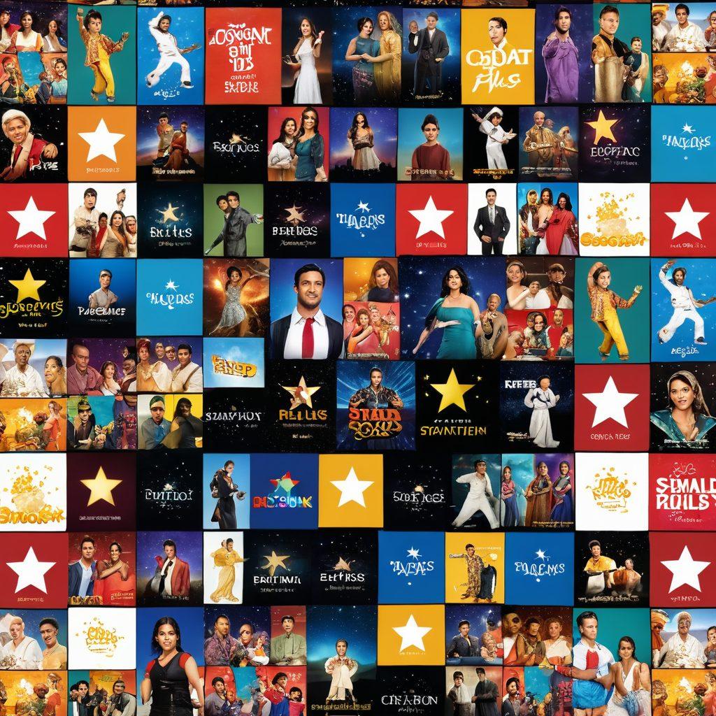 A vibrant collage depicting various popular Star Plus shows and movies, with iconic characters in dynamic poses. The background showcases a streaming interface filled with colorful thumbnails of content, blending seamlessly into a starry night sky. Incorporate elements of entertainment, like popcorn and remote controls, to enhance the theme of streaming. Make it feel lively and inviting for viewers seeking entertainment. super-realistic. vibrant colors. 3D.